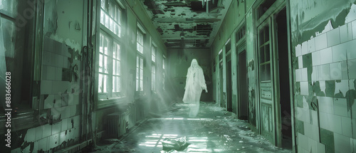 A spooky ghostly figure in a creepy old house, floating mysteriously in the darkness. photo