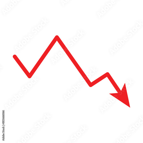 Chart with red down arrow isolated on white background. Falling growth in business