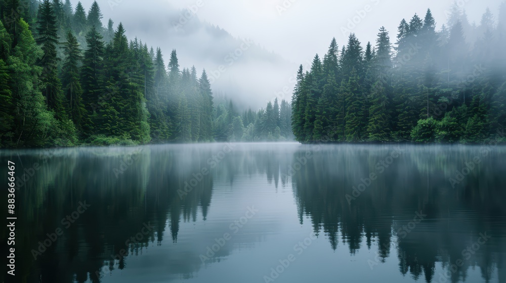 Serene Misty Forest Lake with Pine Trees and Reflections on a Calm Morning Serene Misty Forest Lake with Pine Trees and Reflections on a Calm Morning