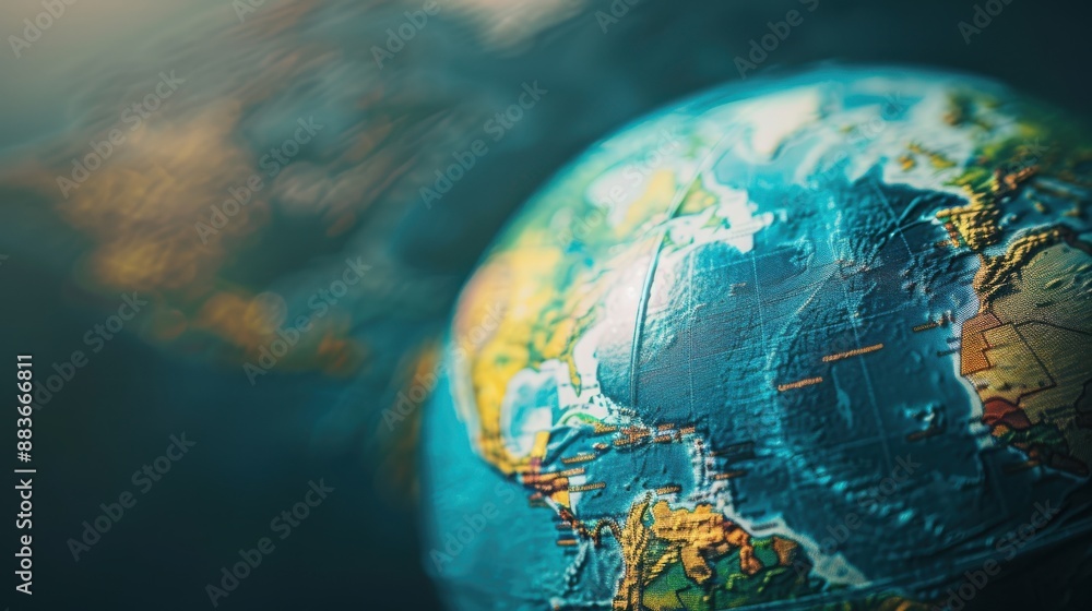 Fototapeta premium Globe with oceans close up, focus on, copy space Blue waters, Double exposure silhouette with navigation