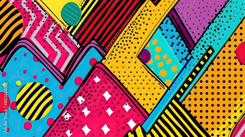 An abstract pop art design with zigzag lines, polka dots, and contrasting color blocks creating a dynamic visual effect
