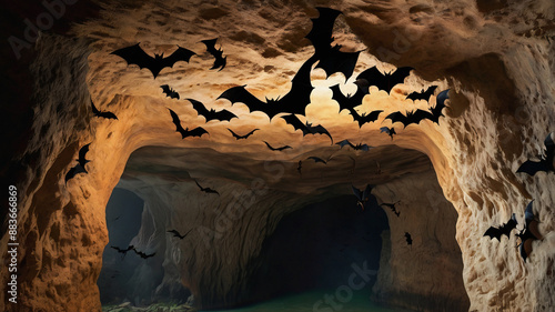 Inside the dark cave with bats flying on it