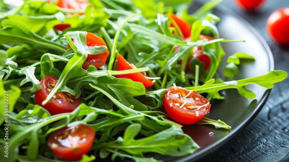 A fresh arugula and Parmesan salad, tossed with lemon vinaigrette and cherry tomatoes. A fresh arugula and Parmesan salad, tossed with lemon vinaigrette and cherry tomatoes.