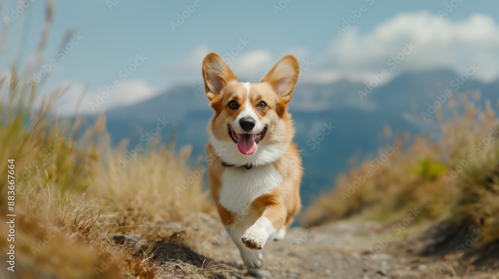 Happy Corgi Running on Mountain Path Happy Corgi Running on Mountain Path
