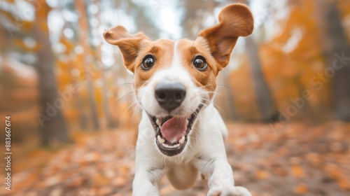 Excited Dog Running Through Autumn Forest