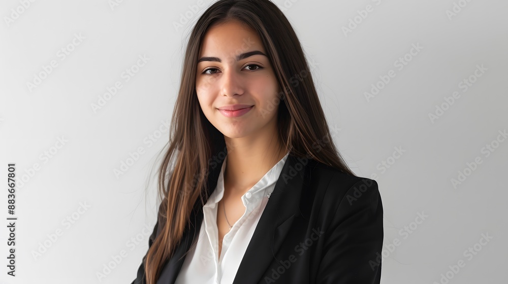 Perfect business lady. Beautiful young businesswoman looking at camera with smile while standing against white background. Perfect business lady. Beautiful young businesswoman looking at camera with smile while standing against white background.