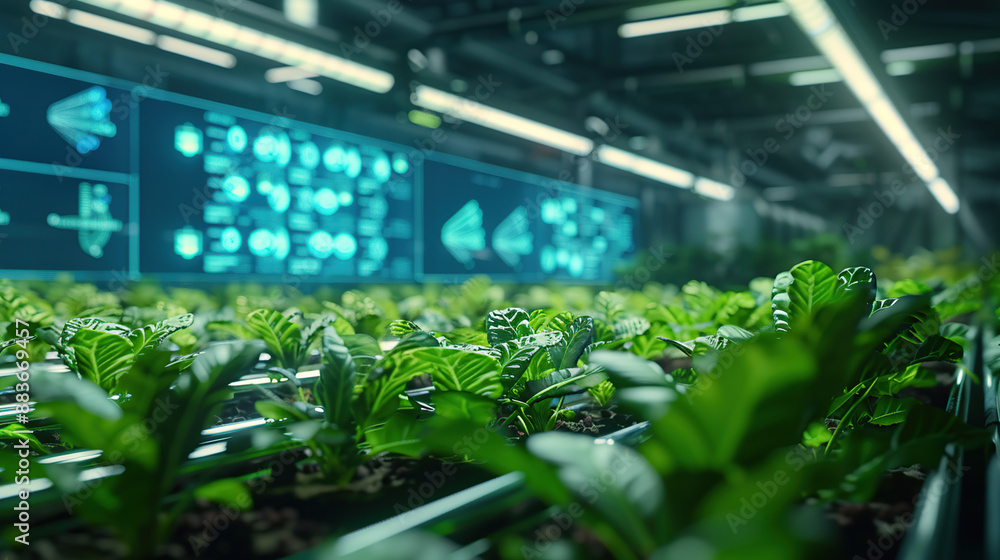 A high-tech farm with plants growing in an indoor tin A high-tech farm with plants growing in an indoor tin