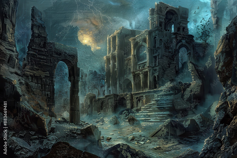 Ancient ruins of a forgotten city in a mystical landscape with stormy sky and lightning Ancient ruins of a forgotten city in a mystical landscape with stormy sky and lightning
