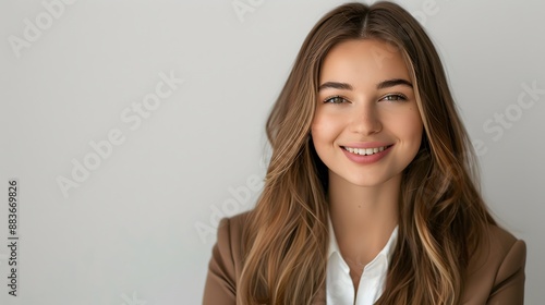 Perfect business lady. Beautiful young businesswoman looking at camera with smile while standing against white background. 