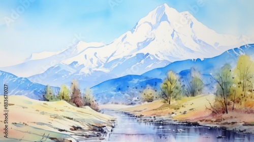 Majestic Watercolor Mountain Landscape under Clear Blue Sky | Tranquil Nature Painting