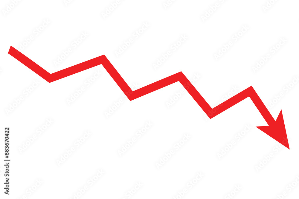 Red arrow going down stock icon on white background. Bankruptcy, financial market crash icon for your web site design, logo, app, UI. graph chart downtrend symbol. chart going down sign. Red arrow going down stock icon on white background. Bankruptcy, financial market crash icon for your web site design, logo, app, UI. graph chart downtrend symbol. chart going down sign.