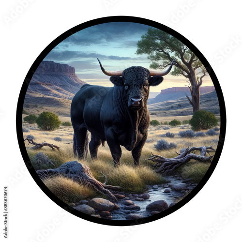 A circular 3D rendered watercolor painting of a Black Angus Bull , isolated on a transparent background