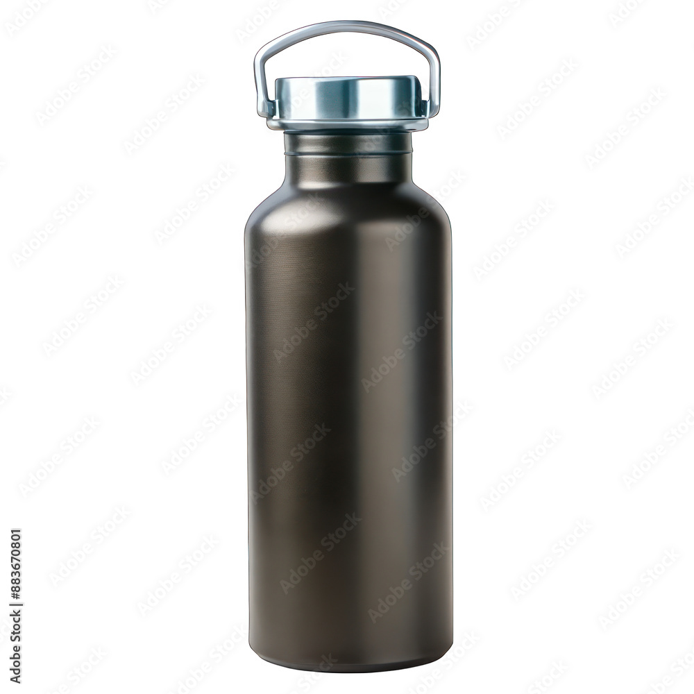 Black empty metal reusable water sport bottle on transparent background Black empty metal reusable water sport bottle on transparent background