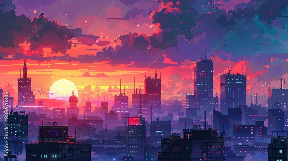 Obraz premium Pixel art cityscape with pixelated buildings, animated characters, and a vibrant sunset