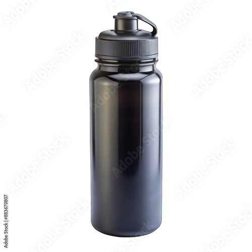 Black empty metal reusable water sport bottle on transparent background