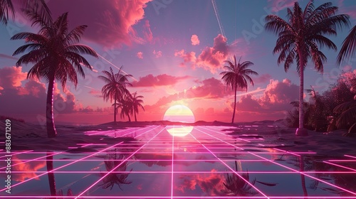 Fototapeta Naklejka Na Ścianę i Meble -  Vaporwave landscape with a neon grid, palm trees, and a retro sunset
