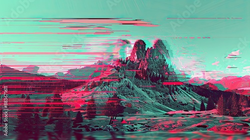 Glitch art landscape with distorted trees, fragmented mountains, and digital noise photo