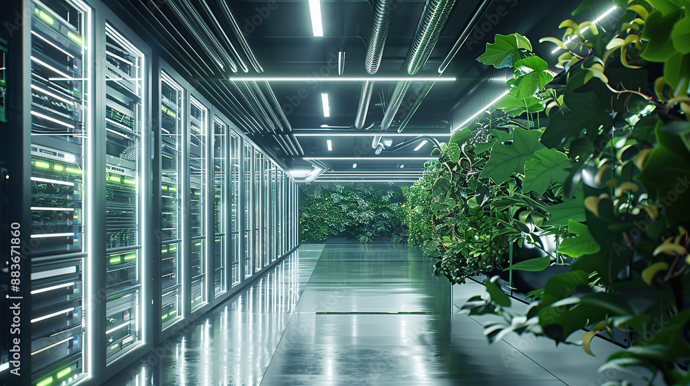 A modern data center with green walls A modern data center with green walls