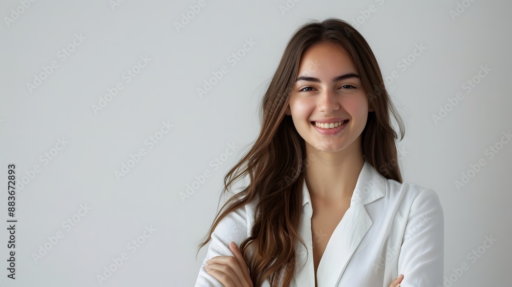 Perfect business lady. Beautiful young businesswoman looking at camera with smile while standing against white background. Perfect business lady. Beautiful young businesswoman looking at camera with smile while standing against white background.