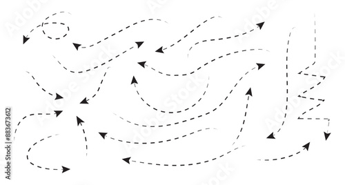 Set of squiggle line dashed arrows. Dotted hand drawn curved arrow. Doodle arrows of various shapes and directions.  Zigzag arrow stripes design with dotted lines. vector
