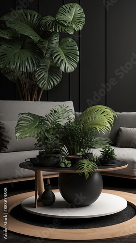 modern coffee table with the black background plants