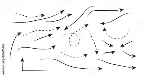 Set of simple lines hand drawn black arrows in different style. Set of hand drawn doodle black arrows. Various simple lines of doodle arrows collection. various carve doodle black arrows lines