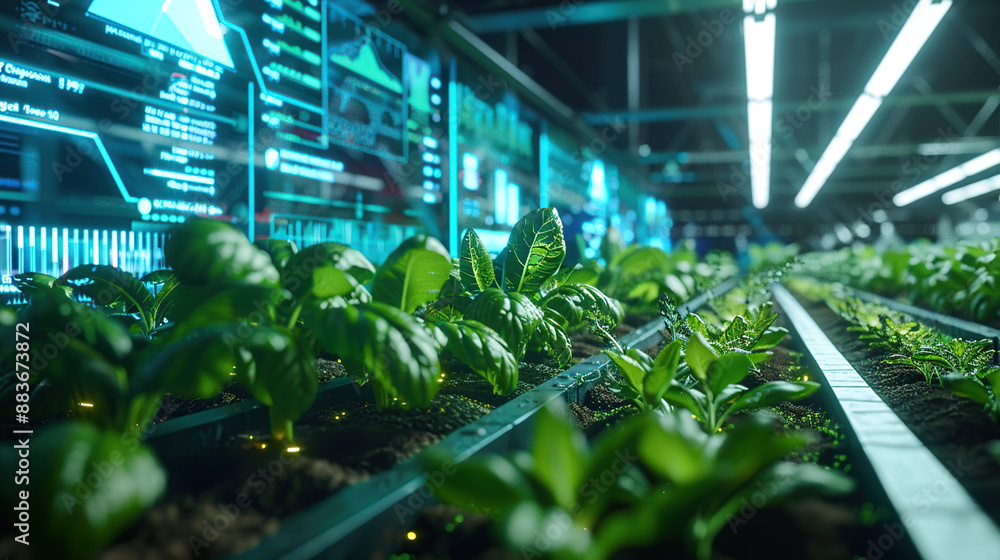A high-tech farm with plants growing in an indoor tin A high-tech farm with plants growing in an indoor tin