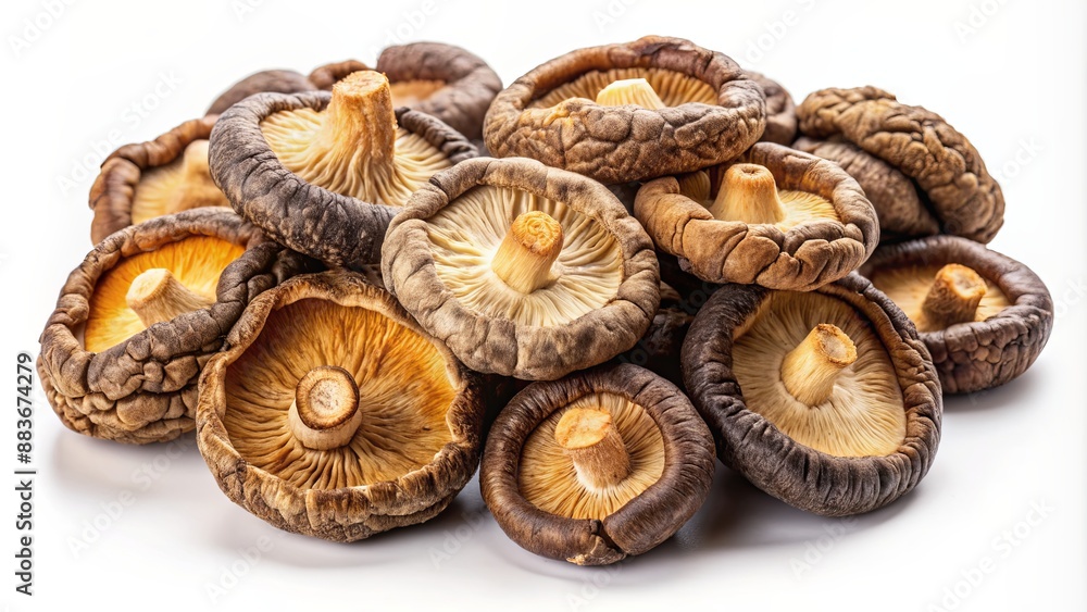 A Pile of Fresh Shiitake Mushrooms, Close Up, White Background, Food Photography, Shiitake, Mushroom, Food A Pile of Fresh Shiitake Mushrooms, Close Up, White Background, Food Photography, Shiitake, Mushroom, Food