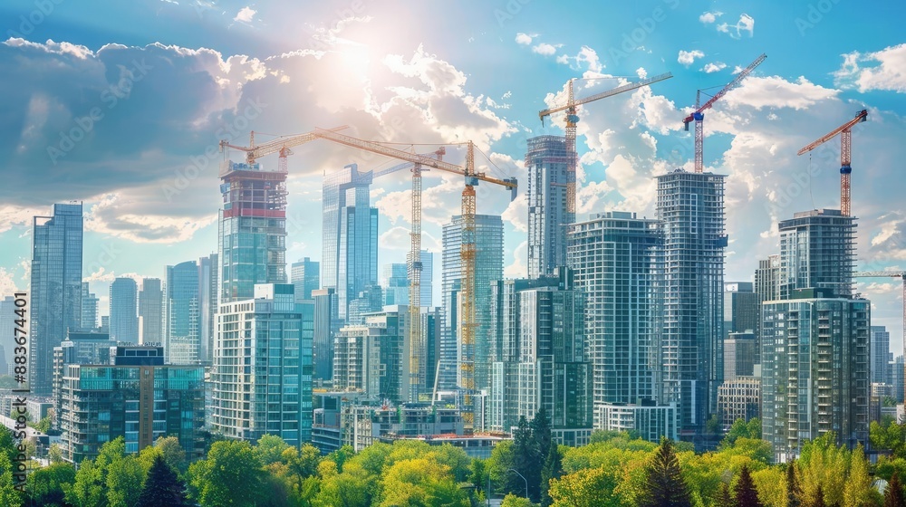 Fototapeta premium City skyline with construction cranes, representing ongoing urban development