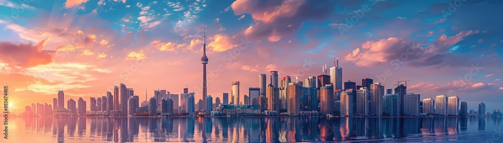 Fototapeta premium Cityscape with historic buildings and modern skyscrapers, showcasing architectural diversity