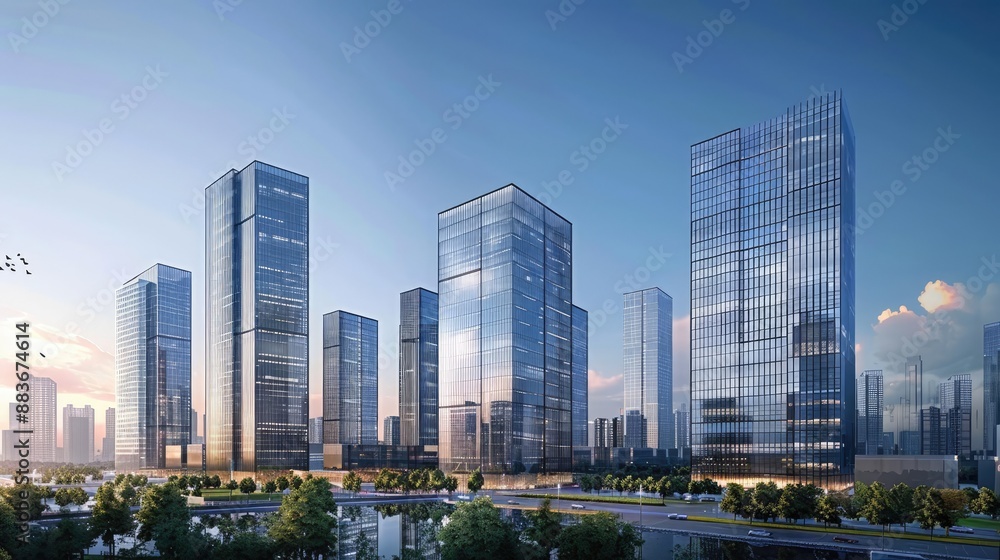 Fototapeta premium High-rise office buildings with glass facades, representing the business district