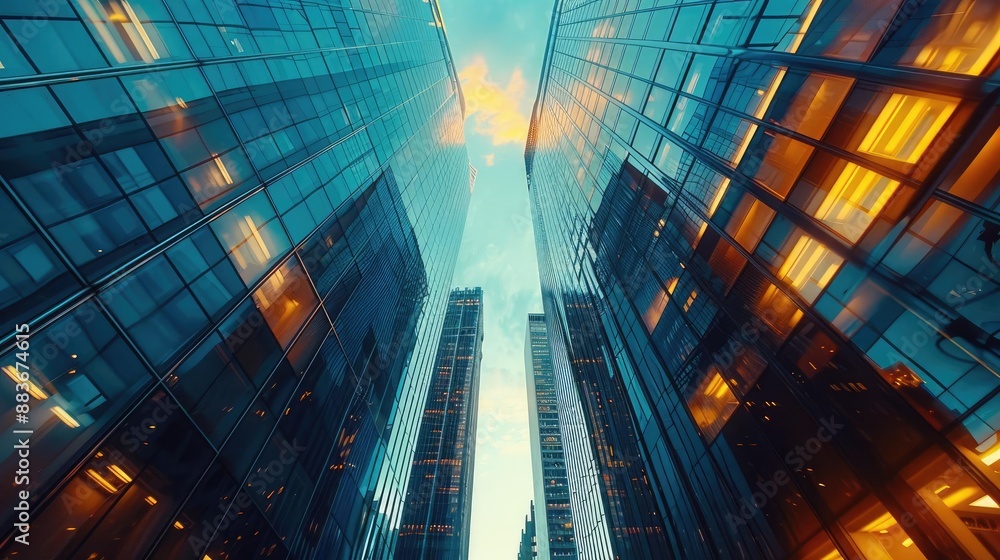 High-rise office buildings with glass facades, representing the business district High-rise office buildings with glass facades, representing the business district