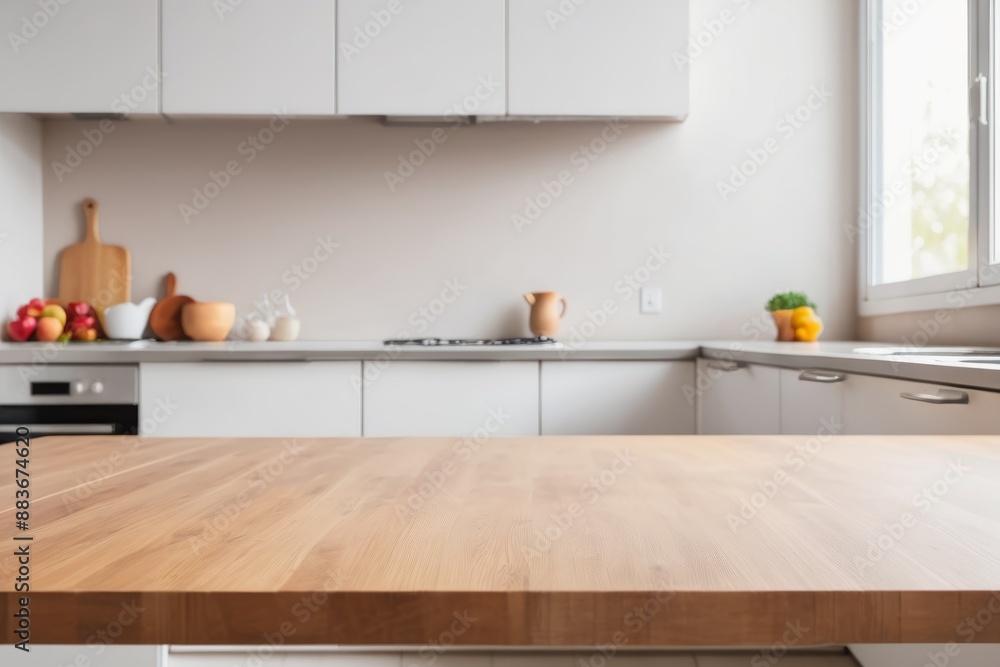 blurred Sleek cabinets and stainless steel appliances define a modern kitchen interior with empty tabletop blurred Sleek cabinets and stainless steel appliances define a modern kitchen interior with empty tabletop