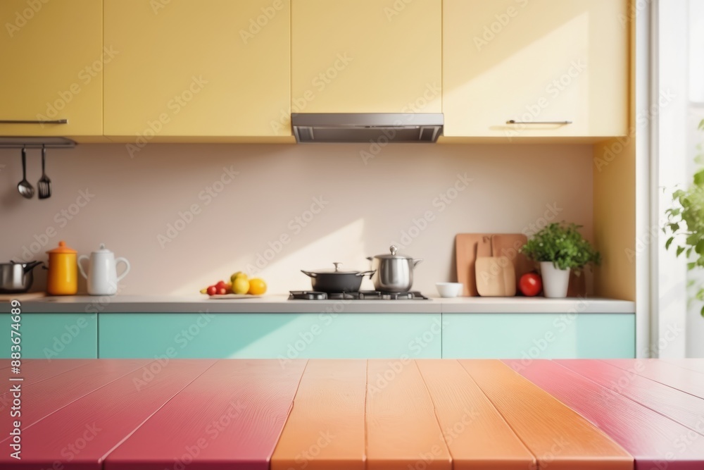 Fototapeta premium blurred colorful Sleek cabinets and stainless steel appliances define a modern kitchen interior with empty tabletop