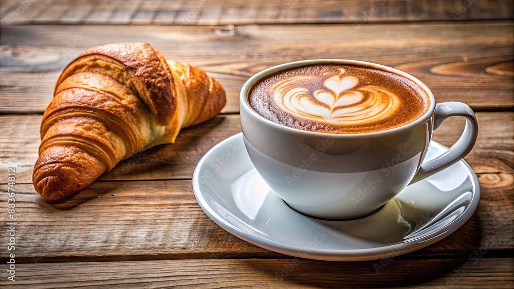 A Close-Up of a Croissant and Latte with Heart-Art in a Cafe Setting on a Wooden Table Morning Breakfast Concept A Close-Up of a Croissant and Latte with Heart-Art in a Cafe Setting on a Wooden Table Morning Breakfast Concept