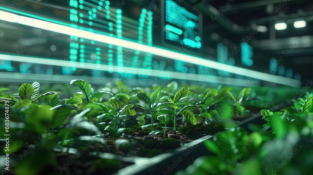 A high-tech farm with plants growing in an indoor tin A high-tech farm with plants growing in an indoor tin