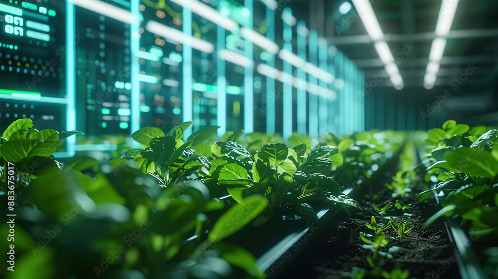 A high-tech farm with plants growing in an indoor tin A high-tech farm with plants growing in an indoor tin