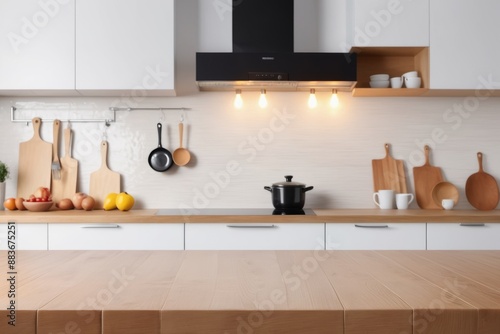 blurred Sleek cabinets and stainless steel appliances define a modern kitchen interior with empty tabletop