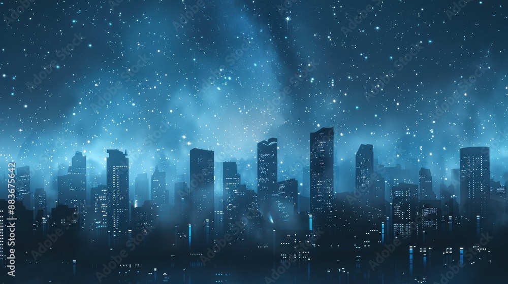 City skyline at night close up, focus on, copy space Illuminated buildings, Double exposure silhouette with stars City skyline at night close up, focus on, copy space Illuminated buildings, Double exposure silhouette with stars
