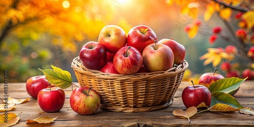 Basket of Red Apples on Wooden Table with Autumn Leaves, Basket, Fruit, Fall, Nature