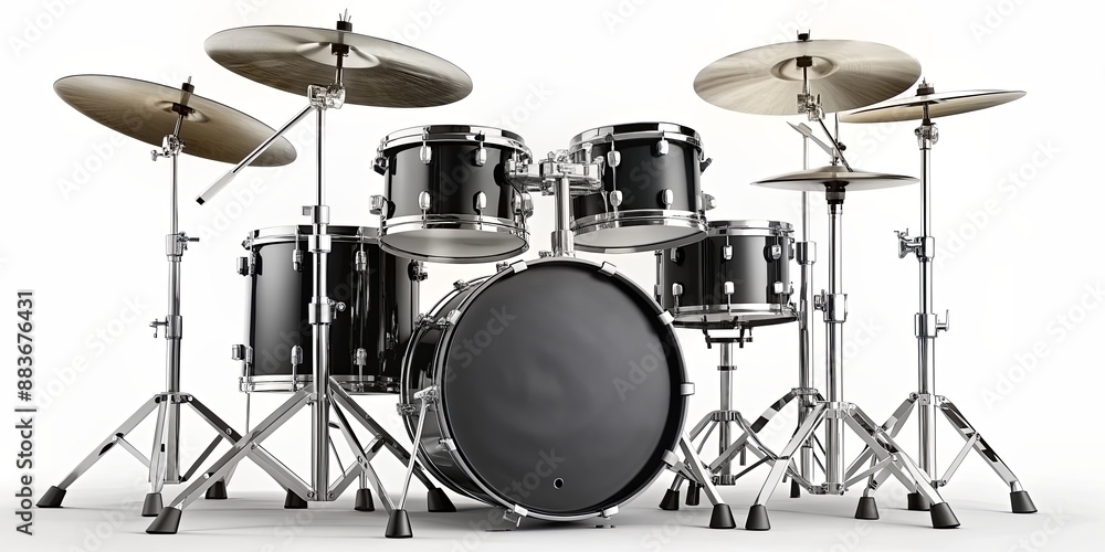 Black Drum Set with Silver Hardware on a White Background, drum set, music, percussion , instrument Black Drum Set with Silver Hardware on a White Background, drum set, music, percussion , instrument