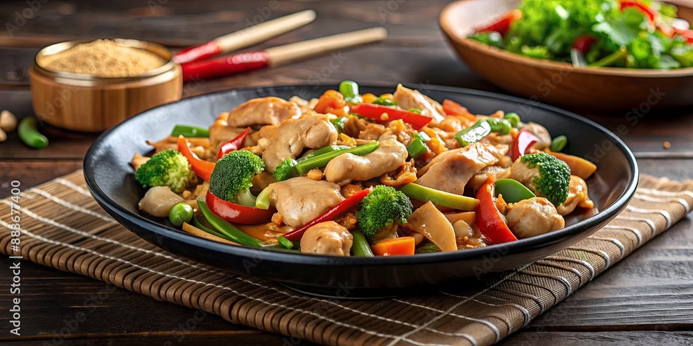 Chicken and Vegetable Stir-Fry on Black Plate, Asian Cuisine, Chinese Food, Stir Fry, Dinner Chicken and Vegetable Stir-Fry on Black Plate, Asian Cuisine, Chinese Food, Stir Fry, Dinner