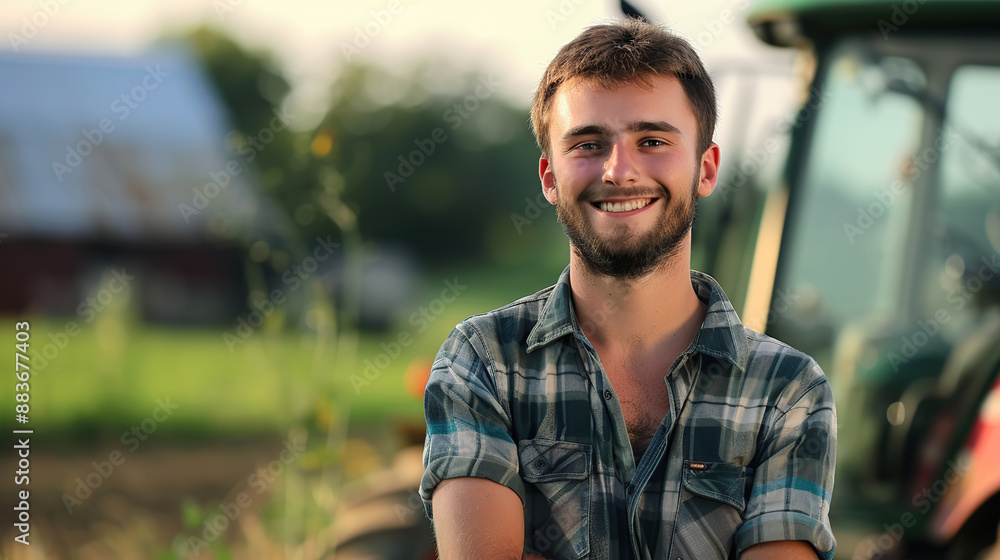 A handsome young farmer in front of his tractor on the farm A handsome young farmer in front of his tractor on the farm