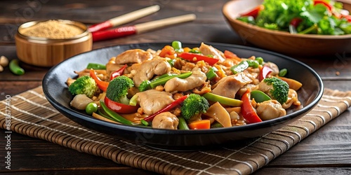 Chicken and Vegetable Stir-Fry on Black Plate, Asian Cuisine, Chinese Food, Stir Fry, Dinner