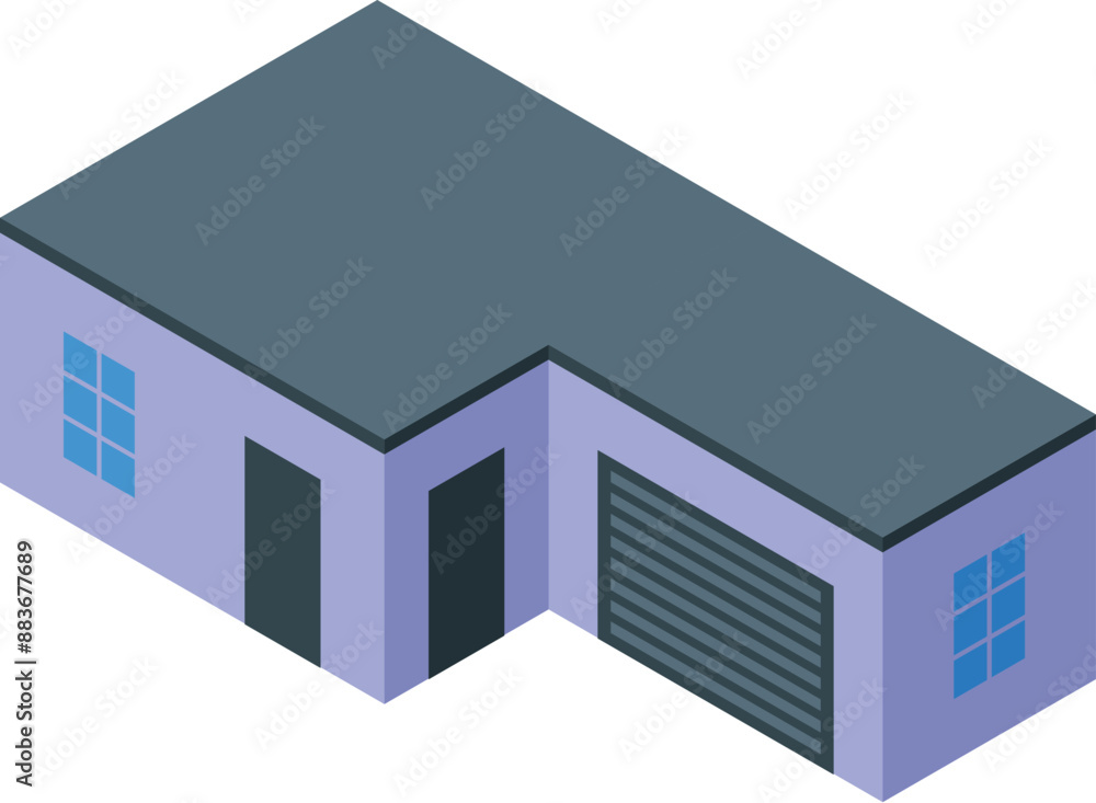 Fototapeta premium Modern garage building with closed roller door, windows, and flat roof in isometric view