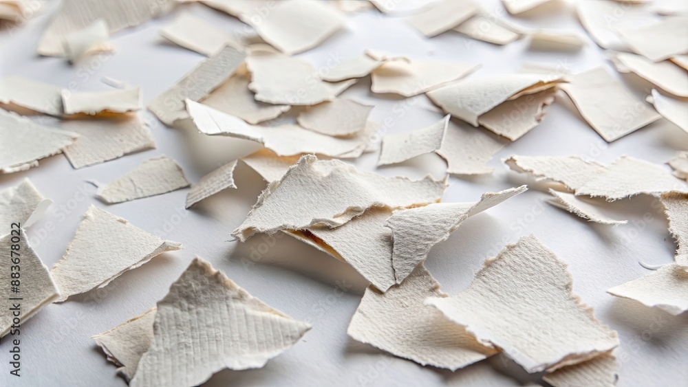 A close-up shot of torn paper pieces scattered on a white surface , ripped, torn, paper, texture, background, white
