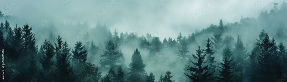 Dense forest in mist close up, focus on, copy space Ethereal ambiance, Double exposure silhouette with trees Dense forest in mist close up, focus on, copy space Ethereal ambiance, Double exposure silhouette with trees