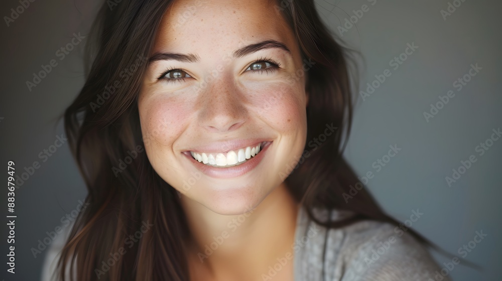 Big bright white smile headshot with a beautiful brunette woman sincere happy cheerful positive expression. Big bright white smile headshot with a beautiful brunette woman sincere happy cheerful positive expression.
