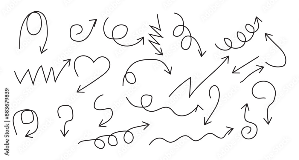 Hand drawn thin line arrows set. Arrow icon. Doodle arrow. Collection different arrows sign. Many vector curvy and wavy arrows isolated on white background.
Hand drawn thin line arrows set. Arrow icon. Doodle arrow. Collection different arrows sign. Many vector curvy and wavy arrows isolated on white background.