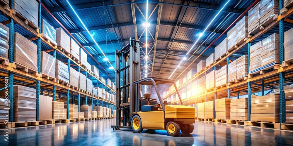 Forklift in a Modern Warehouse with Blue Lights, 3D Rendering, Warehouse Interior, Forklift Truck, Logistics , warehouse, forklift Forklift in a Modern Warehouse with Blue Lights, 3D Rendering, Warehouse Interior, Forklift Truck, Logistics , warehouse, forklift